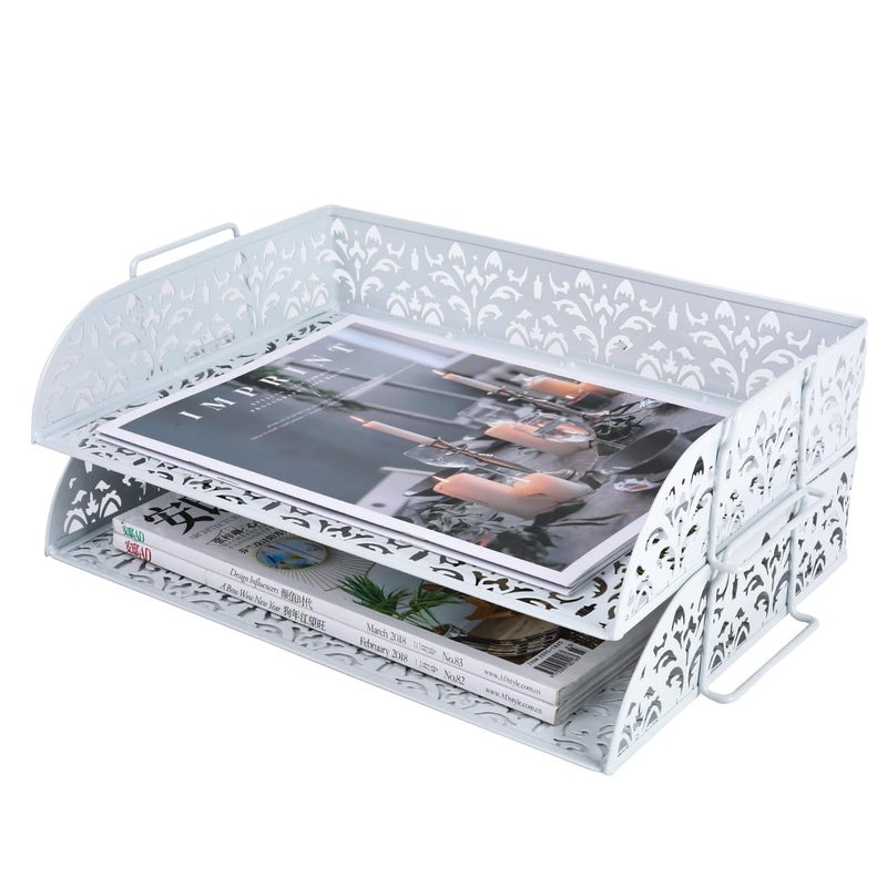 PAG 2 Tier Desktop File Organizer Metal Stackable Letter Tray Paper Holder Rack for Desk, White - Image 1